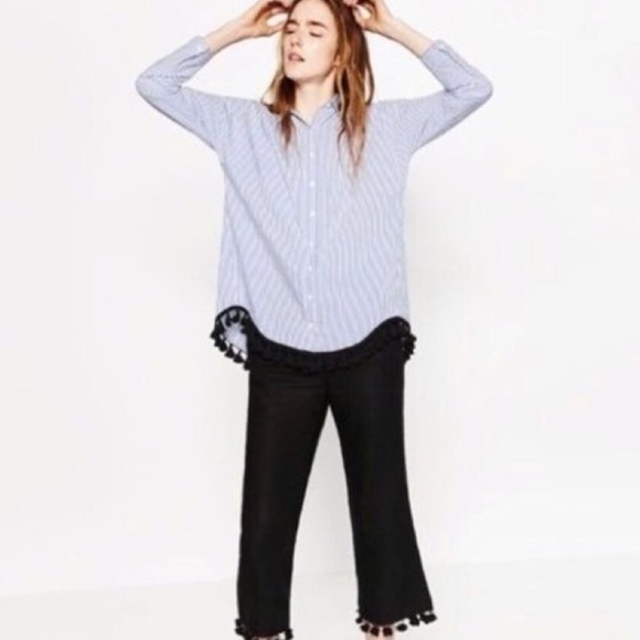 Zara Striped Tassel Trim Button Down Tunic Top XS - Picture 3 of 6